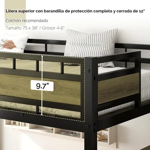 Vista 7 de soges Cama tipo loft con escaleras, cama alta de metal con cajones de almacenamiento, ideal para dormitorios, apartamentos, habitaciones de niños