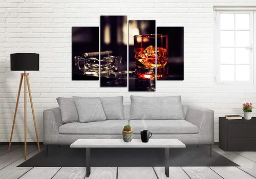 Vista 4 de VVOVV Wall Decor - Whisky marrón en tazas con lienzo de hielo, impresión artística de pared, pintura de vino, cuadros enmarcados, cenicero