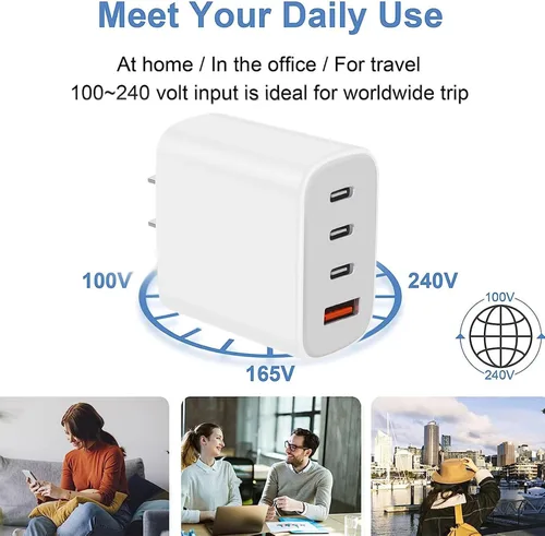 Vista 6 de Bloque de cargador USB-C, bloque de cargador de pared con cable C a C, adaptador de corriente de 4 puertos y enchufe de pared, bloque de carga