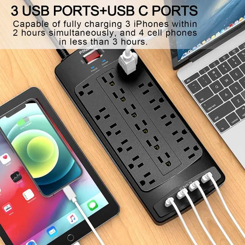 Vista 3 de Regleta protectora de sobretensiones de 18 tomas – Cable de extensión de enchufe plano de 6 pies resistente con 18 tomas amplias y 4 puertos USB