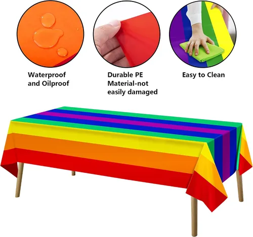 Vista 3 de Paquete de 3 manteles desechables de arco iris, rectangular, 108 x 54 pulgadas, decoración de mantel de plástico impermeable con diseño de arcoíris