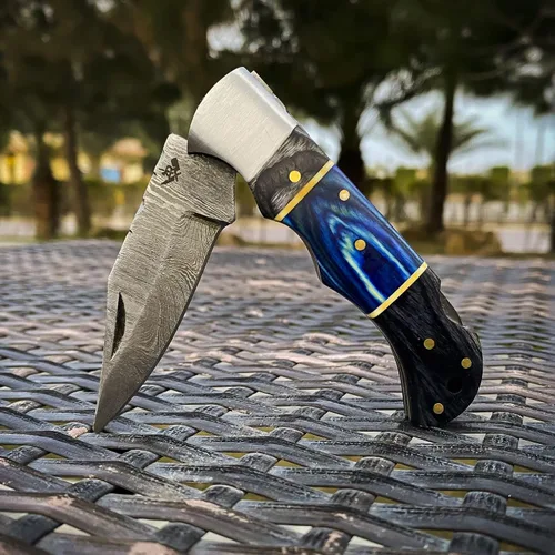 Vista 2 de AR Damascus - Cuchillo plegable de bolsillo hecho a mano para supervivencia al aire libre, hecho de mango de madera y acero de Damasco, junto