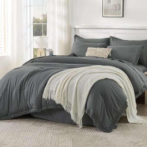 Vista 35 de Andency Juego de ropa de cama con edredón tamaño matrimonial beige con sábanas - 7 piezas, estilo bohemio con borlas, ropa de cama ligera en una 01