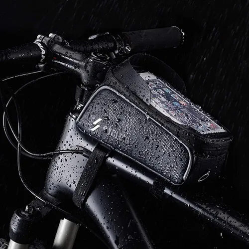 Vista 3 de Bolsa de marco de bicicleta, soporte para teléfono de bicicleta, bolsa impermeable para manillar de bicicleta, bolsa de tubo frontal superior