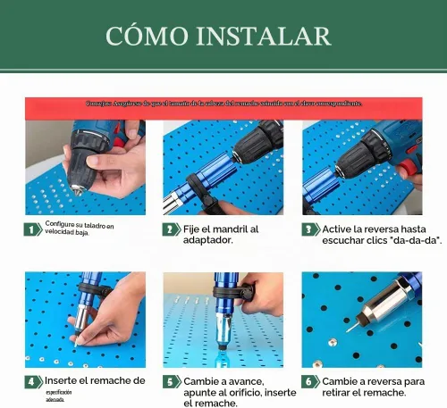 Vista 6 de Kit de adaptador de pistola de remache, herramienta de cabeza de pistola de remache para taladro inalámbrico, con 4 cabezas de remache/mango