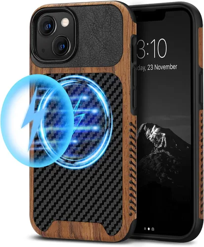 Vista 11 de TENDLIN Compatible con iPhone 13 mini - Funda de grano de madera con textura de fibra de carbono, funda híbrida de cuero compatible con iPhone 13
