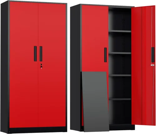 Vista 21 de Greenvelly Armario de almacenamiento de metal con cerradura, gabinete de garaje de metal de 71 pulgadas con 2 puertas y 4 estantes ajustables