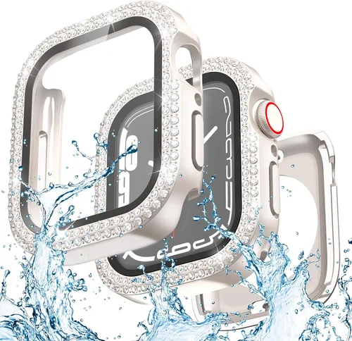 Vista 8 de Funda impermeable 2 en 1 compatible con Apple Watch de 1.575 pulgadas, protector de pantalla SE3/SE2/SE Series 6/5/4, cubierta facial con diamantes