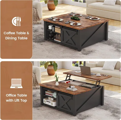Vista 4 de SEDETA Mesa de Centro con Tapa Elevable de 31.5" con Almacenamiento, Mesas de Centro Cuadradas para Sala de Estar, Mesa de Centro Estilo Granja