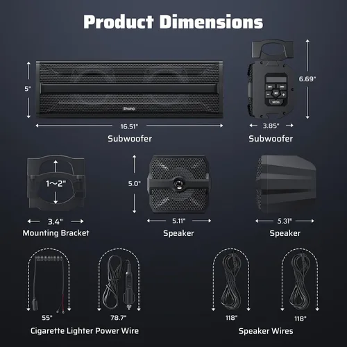 Vista 9 de Ehaho Barra de sonido estéreo UTV de 2.1 canales (subwoofer) y altavoces, barra de sonido Bluetooth ATV de 17 pulgadas con luces RGB, altavoces