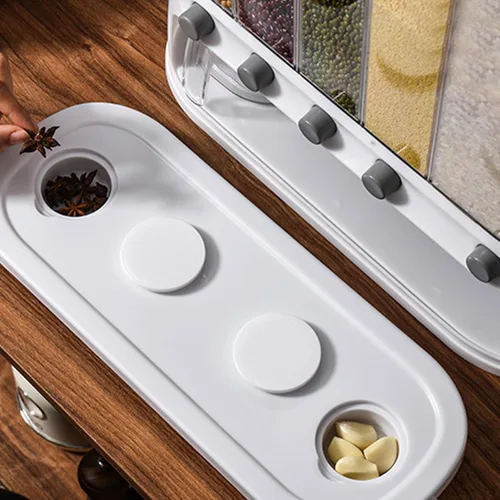 Vista 7 de Yuehuam Dispensador de alimentos secos, 12L montado en la pared, dispensador de granos de 5 rejillas, contenedor de almacenamiento de cereales