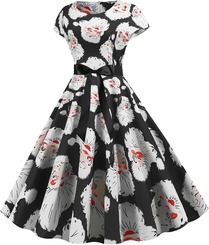 Vista 3 de Vestido midi de manga casquillo para mujer, vestido de Navidad con estampado de Papá Noel, vestido de fiesta de cóctel retro vintage de los años 50