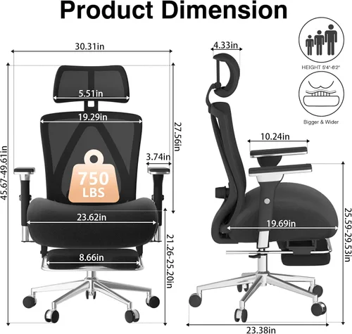 Vista 2 de Silla de oficina grande y alta de 750 libras con cojín ancho y grueso, sillas de oficina ergonómicas de malla para personas pesadas, silla