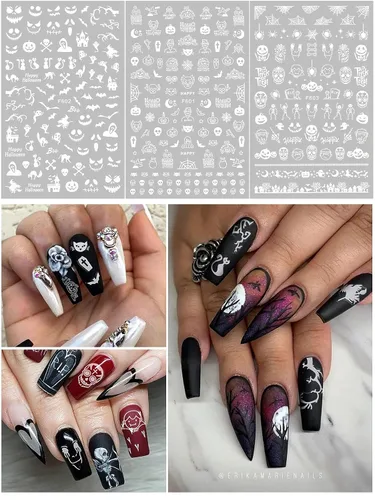 Vista 6 de 15 hojas de calcomanías de arte de uñas de Halloween, calcomanías de EBANKU 3D autoadhesivas con láser de calabaza, bruja y esqueleto, calcomanías