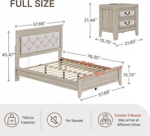 Vista 2 de KISLOT Base de cama LED tapizada con juego de mesitas de noche, color crema