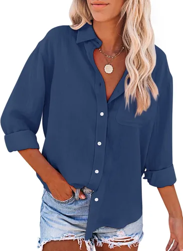 Vista 23 de Siliteelon - Camisas de botones para mujer, camisa de vestir a rayas de algodón, de manga larga, cuello con solapa, para oficina y trabajo