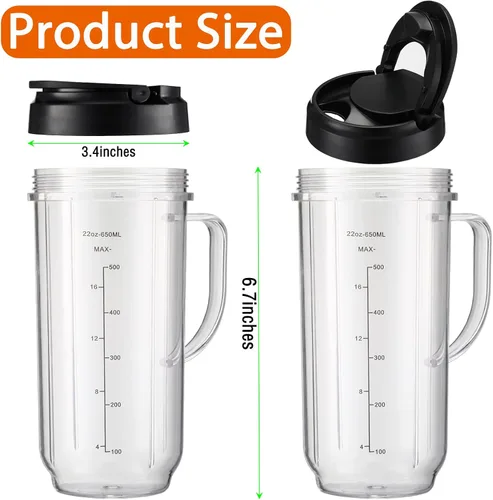 Vista 5 de Vasos de repuesto para piezas de repuesto Magic Bullet de 22 onzas compatibles con Magic Bullet MB1001 MBR-0701AK de 250 W (marcas medidas), tapa