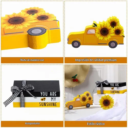 Vista 2 de Yookeer 5 piezas de girasoles para decoración de bandejas escalonadas, decoración de girasol, letrero de madera de verano, centro de mesa de sol