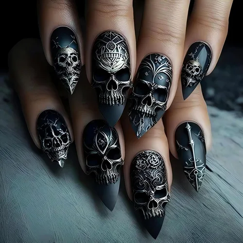 Vista 22 de Uñas postizas de Halloween a presión medianas con diseño de ataúd oscuro gótico embrujado, castillo muerto, diseño de árbol muerto, uñas postizas