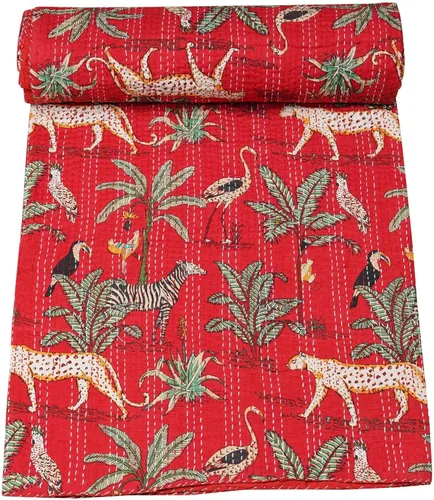 Vista 8 de Marubhumi Edredón tradicional indio de algodón puro con estampado de selva Kantha, funda de cama, colcha Kantha con estampado de animales, Gris