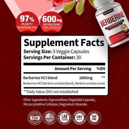 Vista 2 de Suplemento de berberina de 1800 mg – Berberina HCl de primera calidad 97% de alta pureza, apoya el sistema inmunológico, clorhidrato y extracto