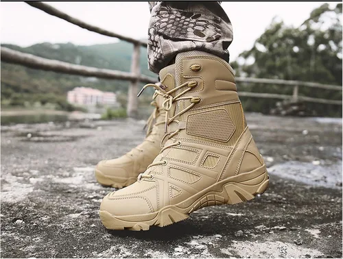 Vista 7 de Botas tácticas impermeables para hombre, botas militares de trabajo para el desierto, combate militar, botas de combate para senderismo