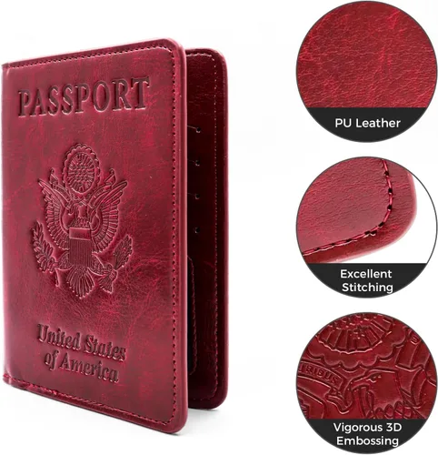 Vista 4 de Soporte para pasaporte para artículos esenciales de viaje, con bloqueo RFID, funda para tarjetas, funda de piel sintética para pasaporte