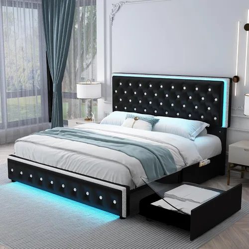 Vista 14 de SIBEDS Base de cama completa con LED y 2 cajones, marco de cama de plataforma de metal resistente de tamaño completo con cabecera ajustable con Negro