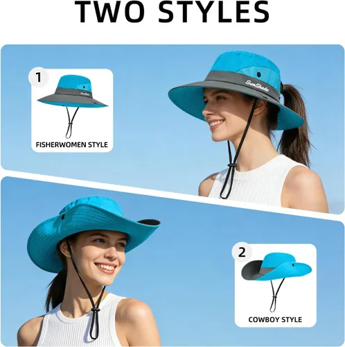Vista 35 de Rosoz Sombreros de cola de caballo para mujer, protección UV, ala ancha 1 paquete-negro