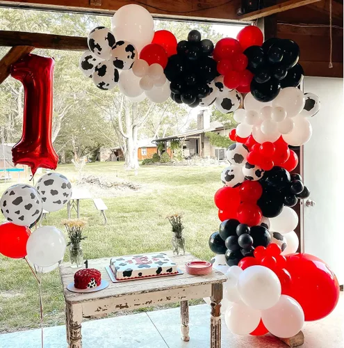 Vista 6 de Kit de arco de globos de vaquero, 150 globos con estampado de vaca, color rojo, negro, blanco y vaca, para decoración de fiesta de cumpleaños