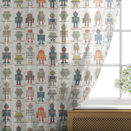 Vista 2 de Ambesonne Cortinas de tul robot con bolsillo para barra, varios juegos de súper robot diferentes en máquina futurista de fantasía de dibujos
