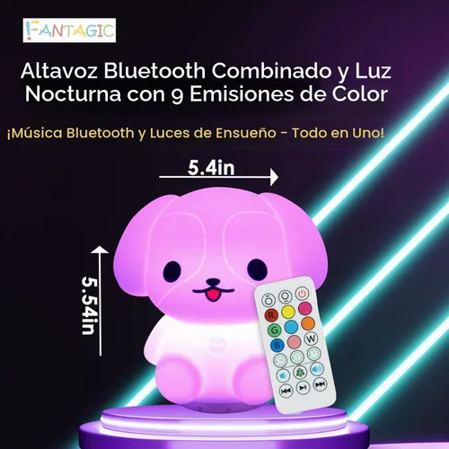Vista 2 de Altavoz Bluetooth combinado y luz nocturna con 9 emisiones de color, silicona apta para niños y libre de BPA, recarga USB, recibe audio