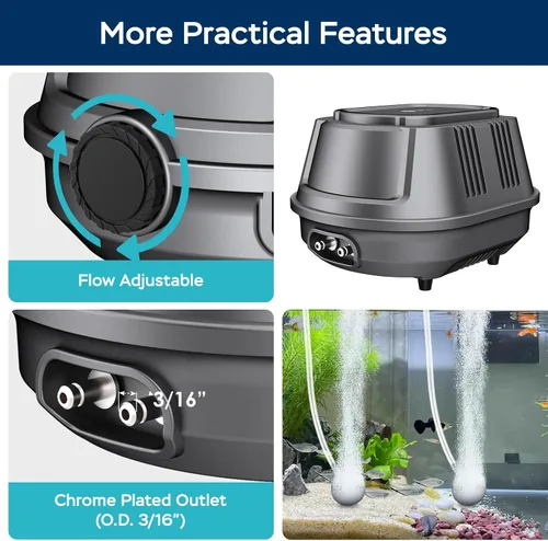 Vista 4 de AquaMiracle Aquarium Air Pump 3W/6W/10W, Super Quiet Powerful Fish Tank Air Pump with Double-Layer Sound Insulation, Adjustable Pond Aerator Pump
