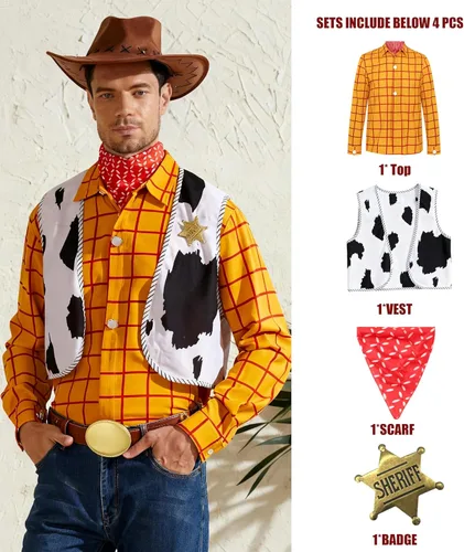 Vista 4 de Disfraz de sheriff de vaquero occidental para hombre, con botones, kit de camisa a rayas (amarillo, S)