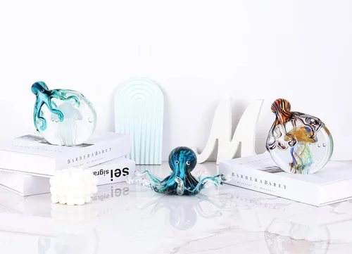 Vista 7 de WUBIANJIE Estatuas de cristal soplado a mano de pulpo y medusa, esculturas coloridas de animales marinos, pisapapeles para decoración del hogar