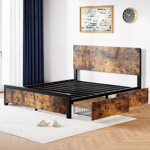 Vista 5 de coucheta Base de cama de tamaño matrimonial con 4 cajones de almacenamiento y cabecero, plataforma de metal resistente y madera rústica, marco