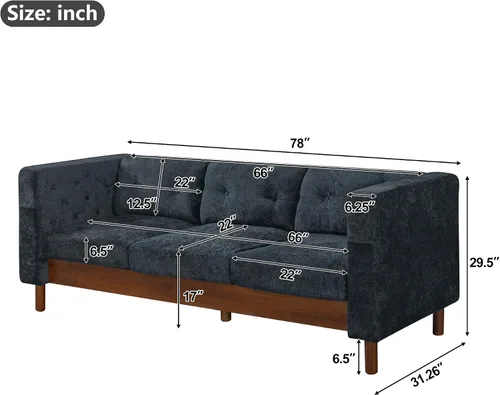 Vista 2 de French Country - Sofá de felpilla de 78 pulgadas con patas de madera de 78" 3 plazas azul