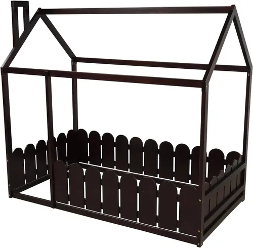 Vista 4 de Merax House Bed Twin Size Wood Bed Frame with Roof and Fence for Girls, Boys, Weight Capacity No Limit (Espresso)