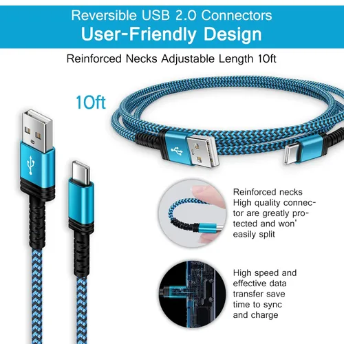 Vista 2 de [10 pies, 2 unidades] S23 USB C a USB A, cable de alimentación de teléfono Android de carga rápida tipo C, cable trenzado de nailon para Samsung