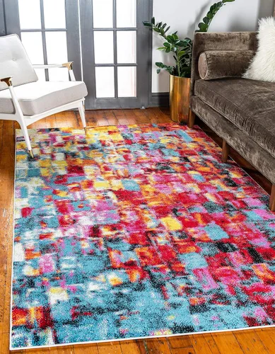 Vista 3 de Unique Loom colección Lyon - Alfombra abstracta y moderna, Polipropileno, Multi/Verde