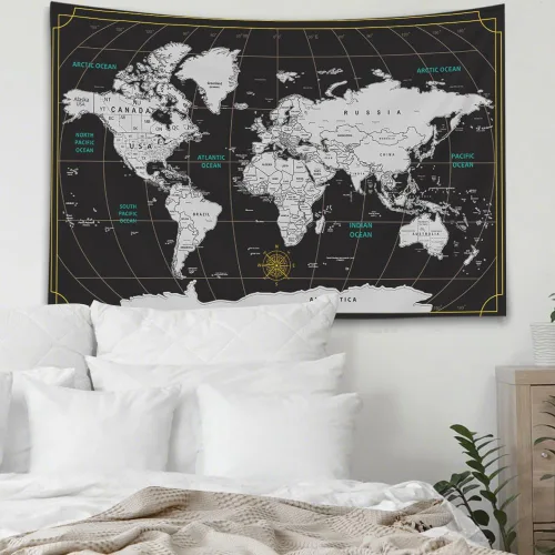 Vista 5 de CAPSCEOLL Tapiz de mapa del mundo para colgar en la pared, tapiz blanco y negro para decoración del hogar, 40 x 30 pulgadas, mapa para habitación