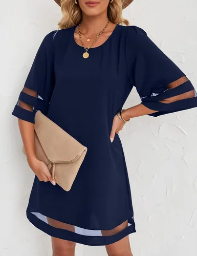 Vista 4 de LookbookStore - Vestido estilo túnica holgado con mangas 34 acampanadas con panel de malla, cuello redondo, para mujer
