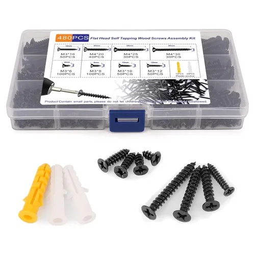 Vista 8 de Kit surtido de 480 tornillos para madera, juego de tornillos pequeños M3 M4, tornillos autorroscantes Phillips de cabeza plana, tornillo