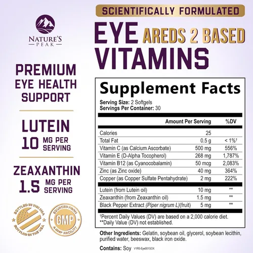 Vista 2 de Nature's Peak - Vitaminas para los ojos, vitamina 3 veces más fuerte para la salud ocular con luteína y zeaxantina, Vision Macular Health Soporte