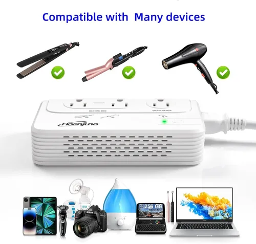 Vista 6 de Convertidor de voltaje de 2000 W para secador de pelo, convertidor de 220 V a 110 V para rizador, alisador con 3 salidas de CA y 4 puertos USB
