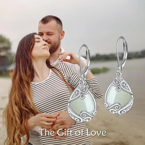 Vista 101 de Aretes colgantes con forma de lágrima de filigrana de piedra lunar de plata de ley 925 con cierre de palanca para mujer, regalos de joyería
