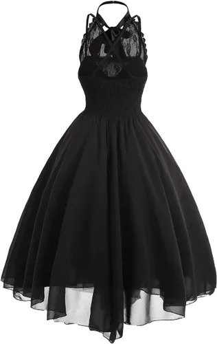 Vista 2 de IWEMEK Vestido gótico steampunk para mujer con corsé, encaje floral, vestido de cóctel con vuelo, pañuelo, vestido punk de vapor para Halloween