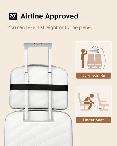 Vista 4 de LUGGEX Equipaje de mano con puerto USB, maleta ligera de PP con funda de 14 pulgadas, equipaje expandible de 2 piezas, Blanco, Equipaje de mano