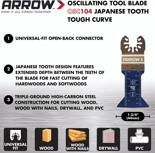 Vista 2 de Arrow OSC104-1 - Hoja oscilante de madera para madera dura, madera, PVC, paneles de yeso, universal, se adapta a la mayoría de multiherramientas