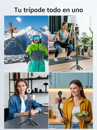 Vista 8 de USKEYVISION Palo de Selfie Magnético con Trípode, Luz y Control Remoto, Trípode para Teléfono con Soporte Magnético para Magsafe, Soporte Giratorio